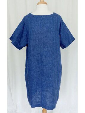 MUJI 100% Linen Round Neck Shirt Dress Pockets Nautical Blue size Large
